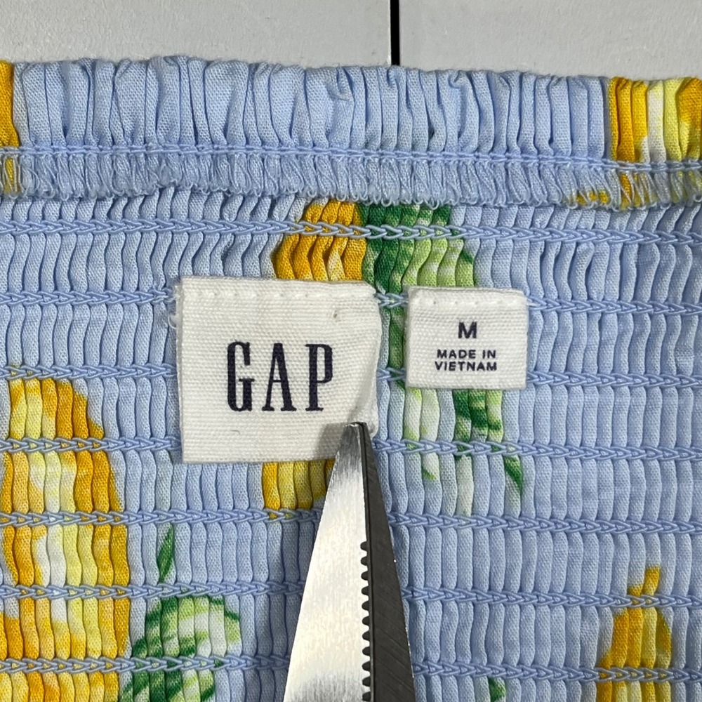Gap Euro Summer Lemon Print Basque Waist Cotton Midi Dress Smocked Boho Medium - Picture 9 of 11